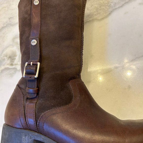 UGG, BROWN LEATHER & LAMBS WOOL SUEDE BOOTS SIZE 8 - Picture 3 of 6